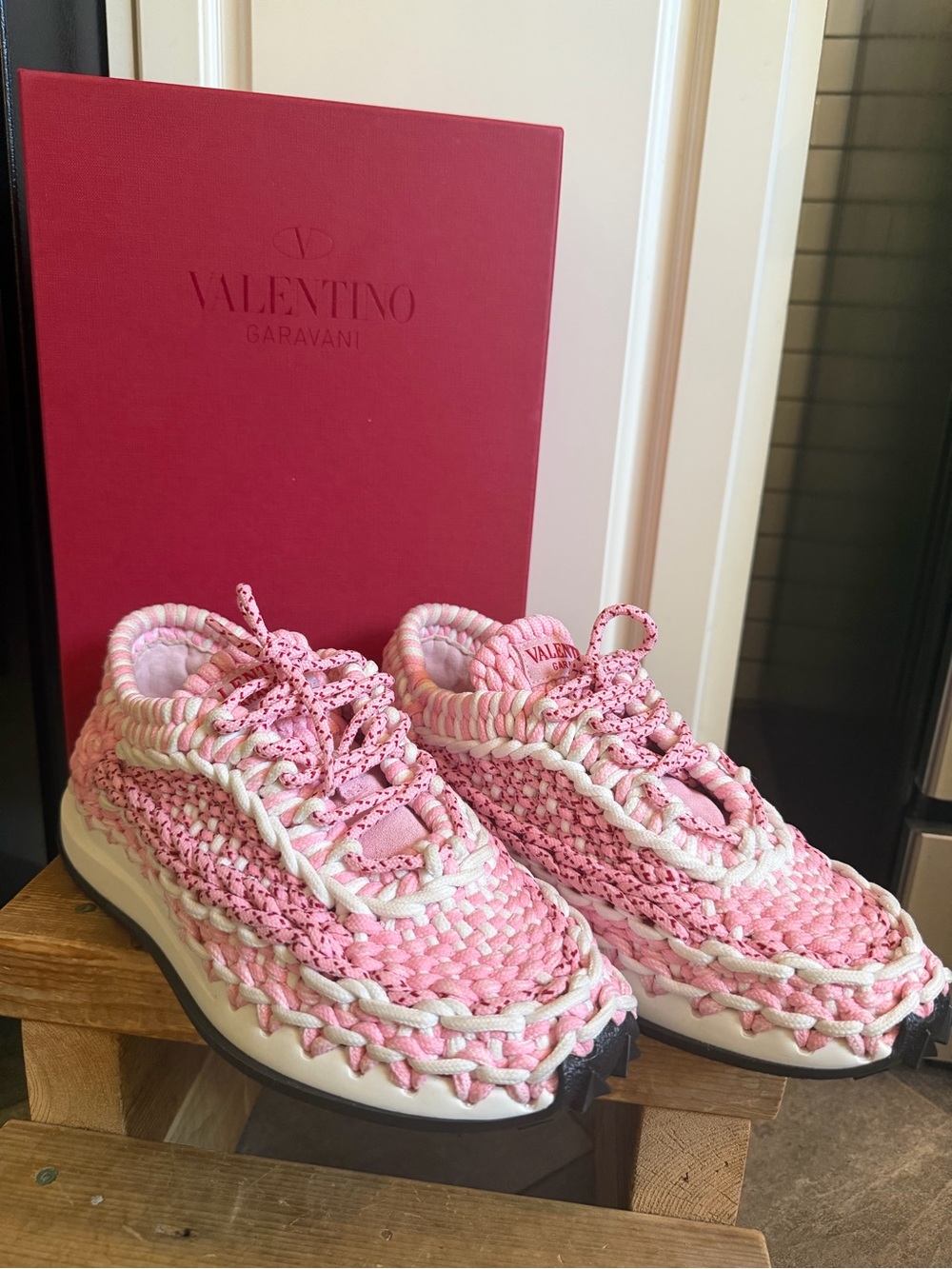Valentino Garavani Pink White Crochet Macramé Sneakers